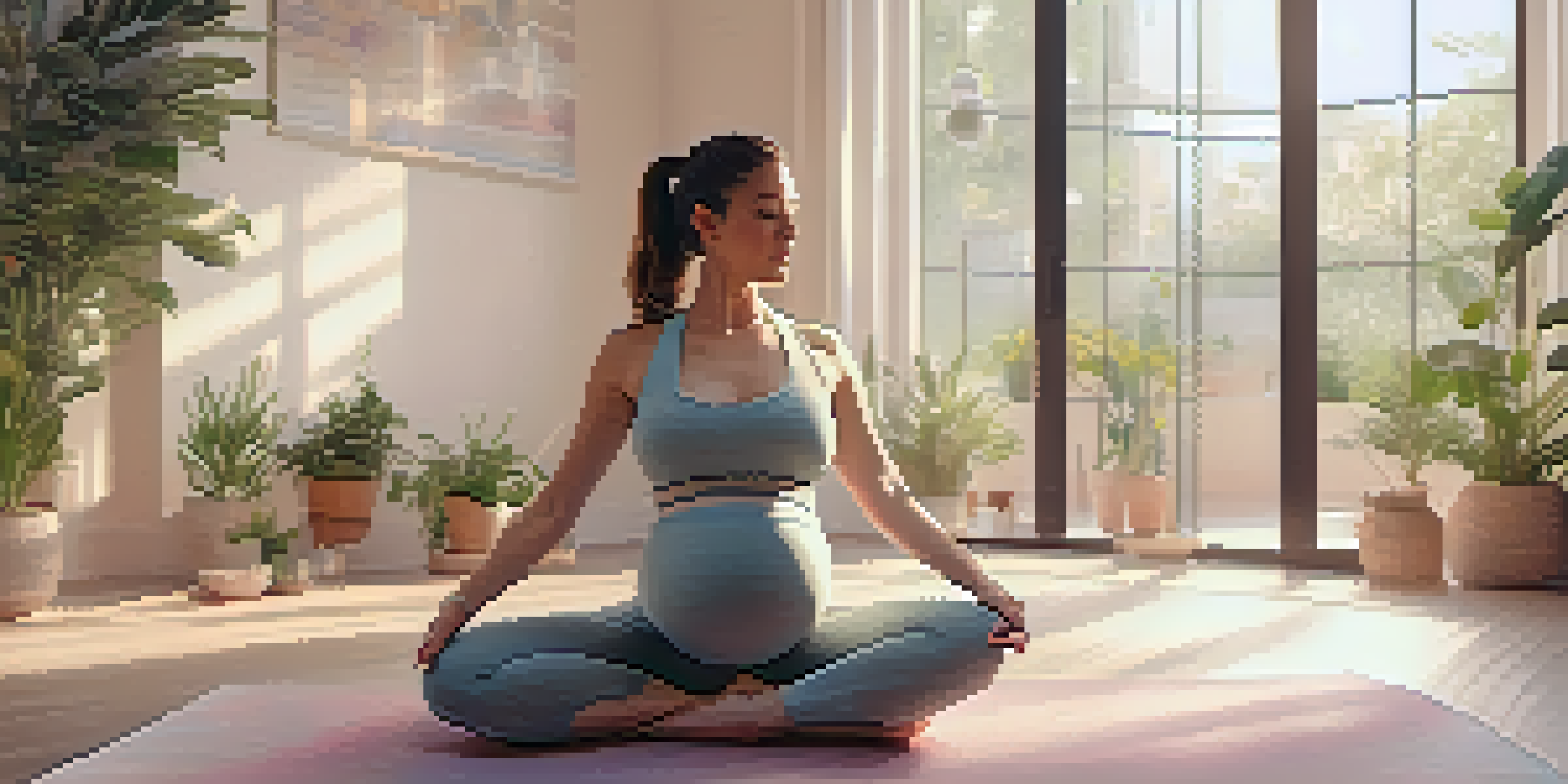 A pregnant woman practicing yoga in a peaceful studio filled with natural light and plants.