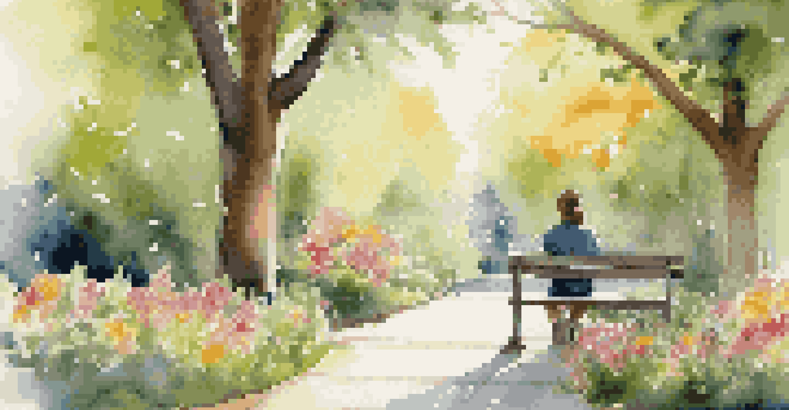 A person sitting on a park bench with a gratitude jar, surrounded by nature and sunlight filtering through trees.