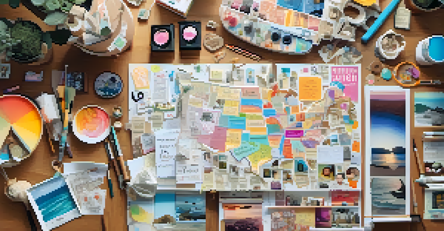 A detailed view of a vision board showcasing images and words that represent personal dreams and aspirations, surrounded by art supplies.