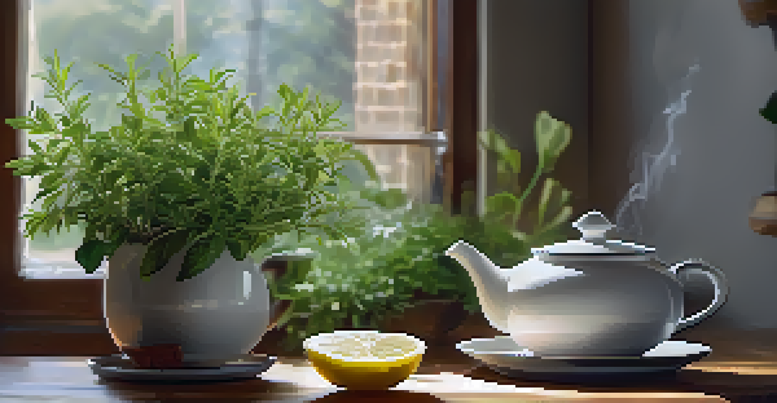 A cup of herbal tea on a wooden table with fresh herbs and lemon, set in a softly lit kitchen.