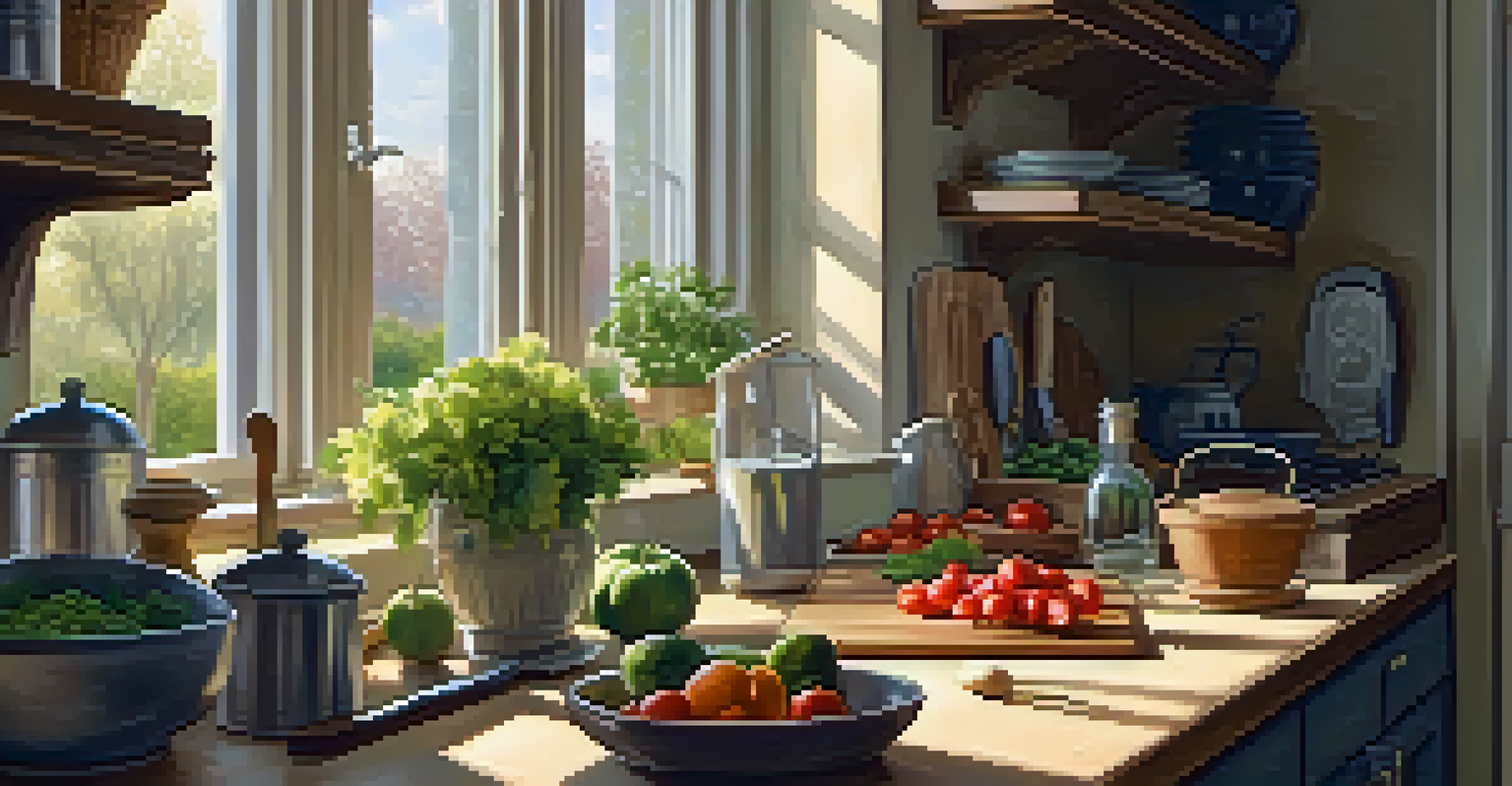 A person chopping fresh vegetables and fruits in a bright kitchen, surrounded by natural light and healthy ingredients.