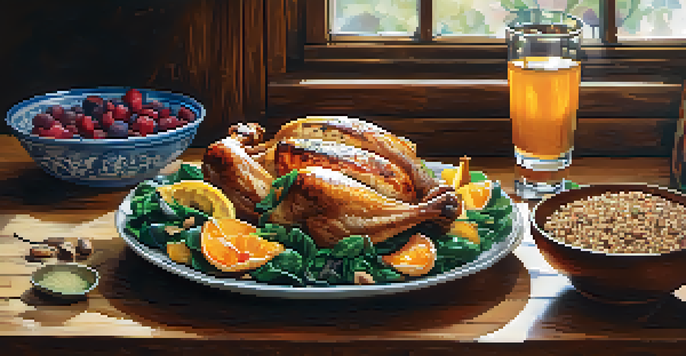 A colorful plate of healthy foods including grilled chicken, quinoa, and fresh fruits, set on a wooden table with soft natural light.