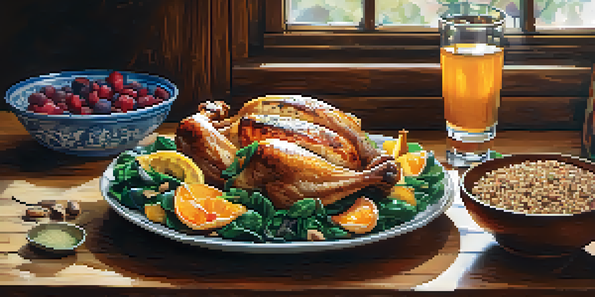 A colorful plate of healthy foods including grilled chicken, quinoa, and fresh fruits, set on a wooden table with soft natural light.