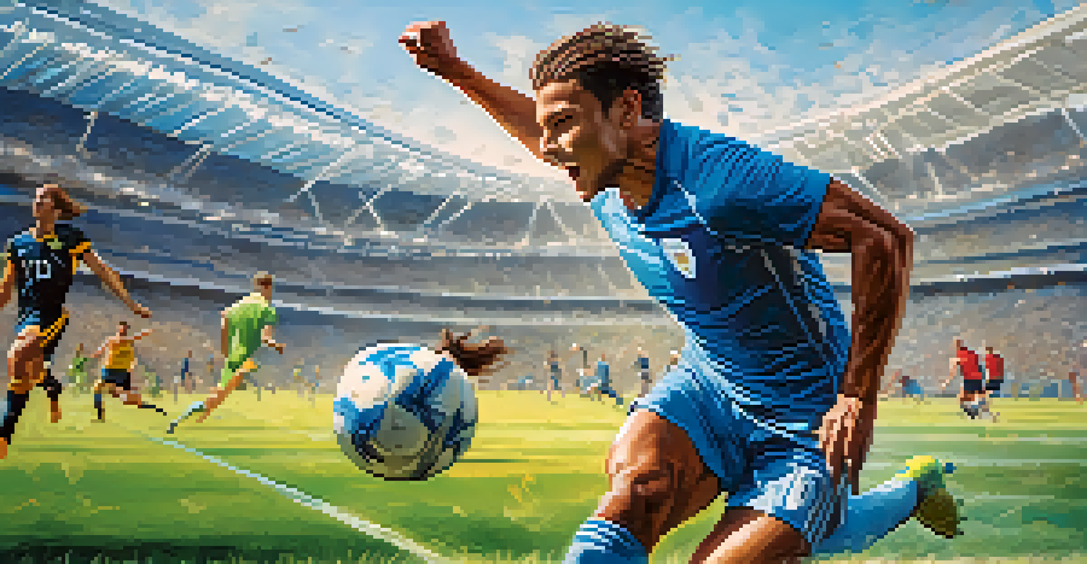 A soccer player sprinting across the field, with motion captured and a cheering crowd in the background under a bright blue sky.