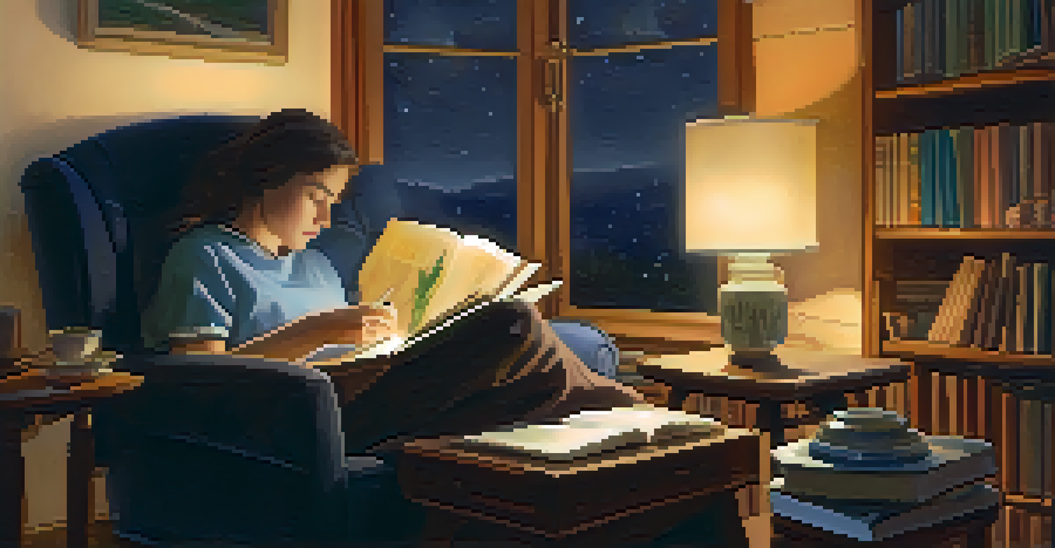A person journaling on a sofa with a warm blanket and a cup of tea beside them in a cozy evening setting.
