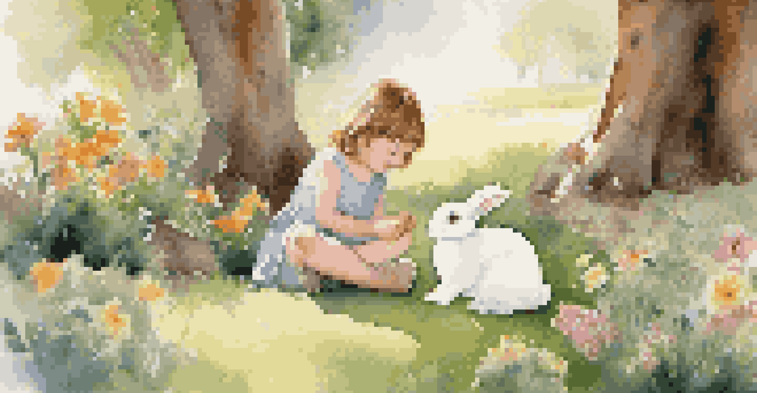 A child happily interacting with a therapy rabbit in a sunny garden filled with flowers.