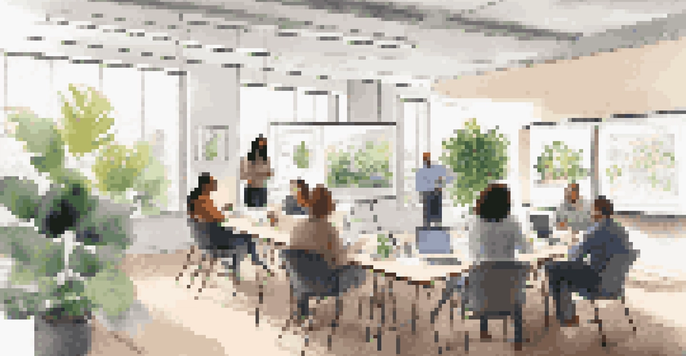 A diverse group of employees participating in a financial wellness workshop in a bright office with plants and a whiteboard displaying budgeting tips.