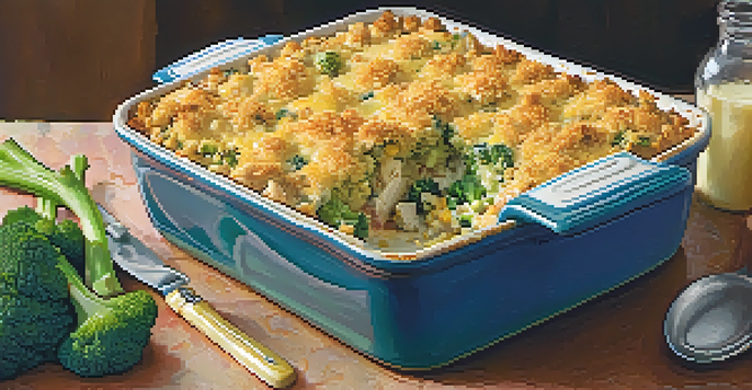 A ceramic baking dish filled with bubbling Chicken and Broccoli Casserole topped with golden cheese and crispy breadcrumbs, surrounded by fresh broccoli.