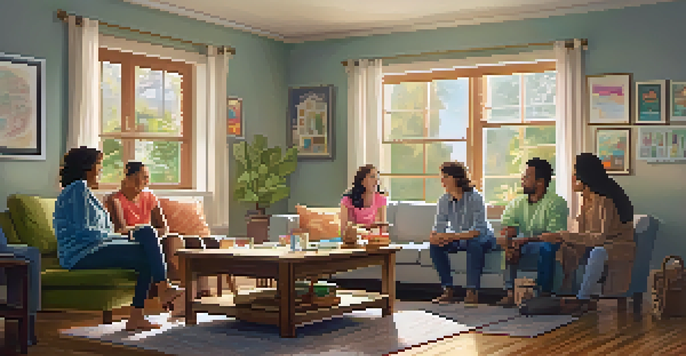 A family gathered around a table discussing finances, with a whiteboard displaying a budget plan and sunlight streaming through the window.