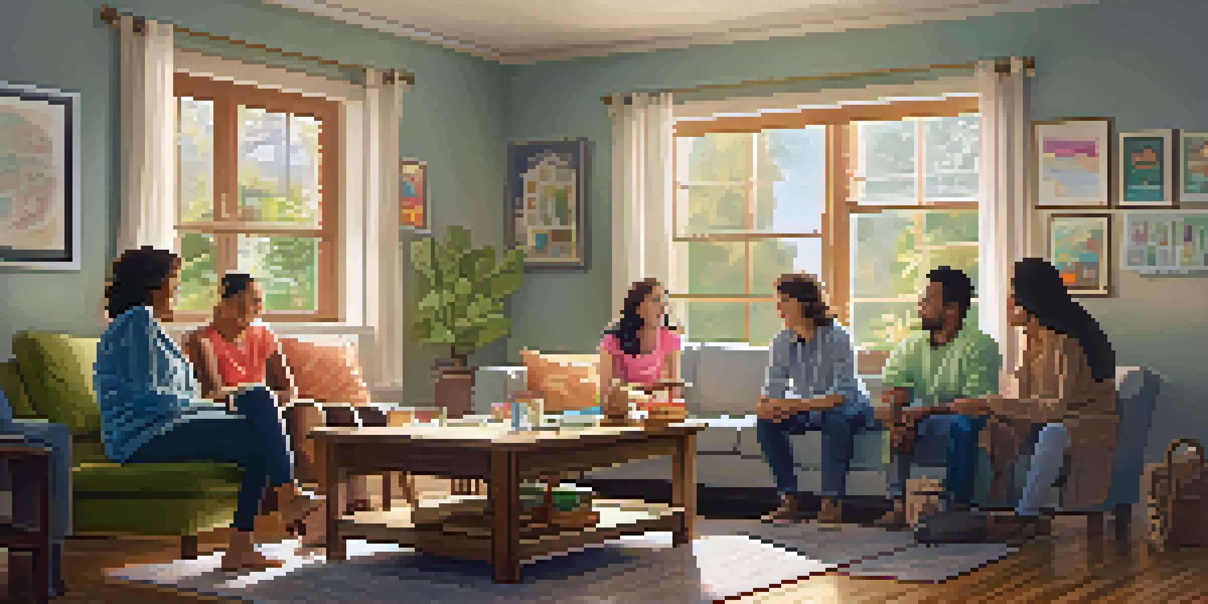 A family gathered around a table discussing finances, with a whiteboard displaying a budget plan and sunlight streaming through the window.
