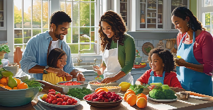 A family happily cooking together in a bright kitchen filled with fresh fruits and vegetables.