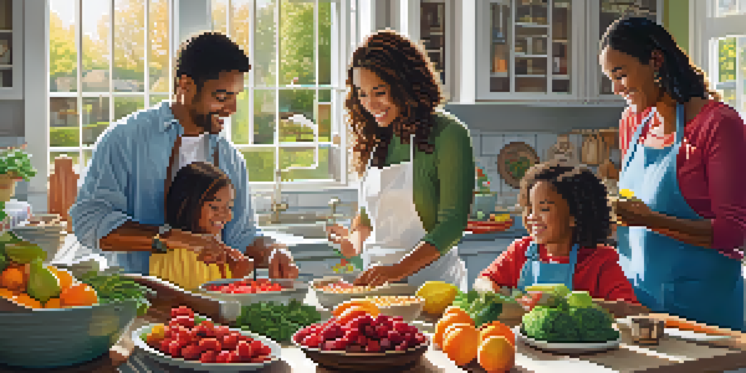 A family happily cooking together in a bright kitchen filled with fresh fruits and vegetables.