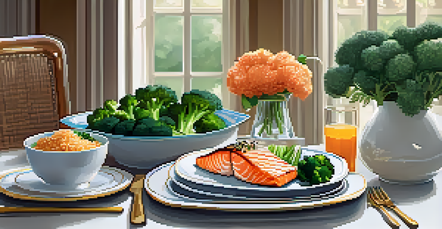 An elegant dining table featuring a healthy meal of grilled salmon, quinoa, and broccoli, enhanced by soft lighting.
