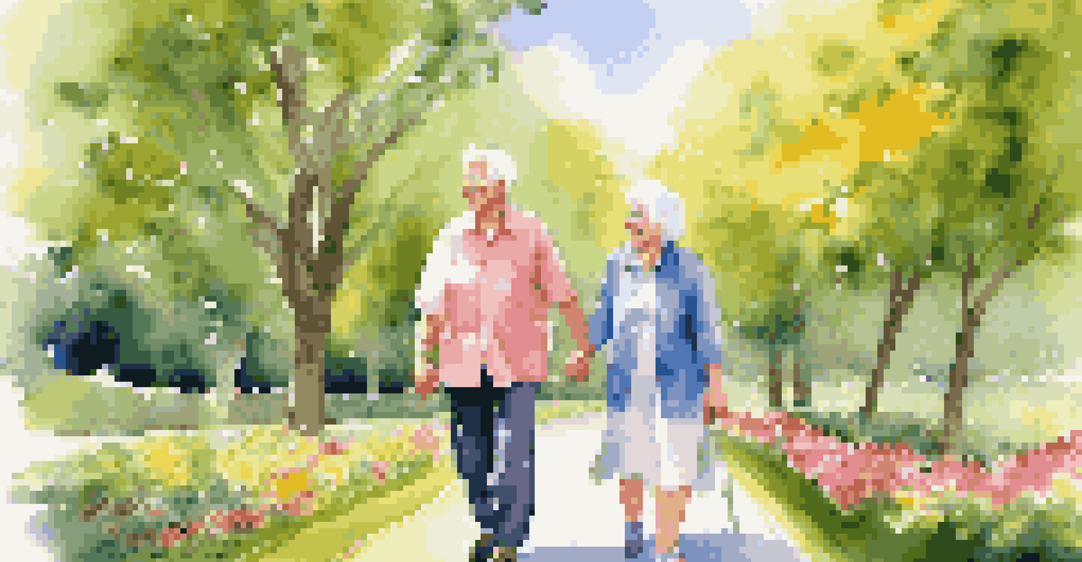 An elderly couple enjoying a walk in a park after a health check-up, portraying a healthy lifestyle.