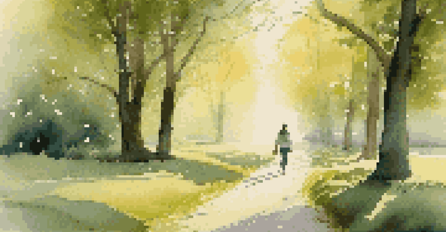 A person walking slowly in a green park surrounded by trees and flowers, enjoying the beauty of nature.