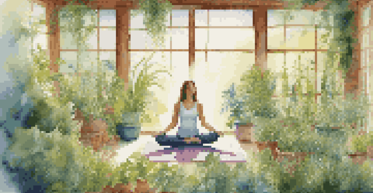 A person practicing yoga in a tranquil setting, surrounded by blooming herbs and plants, with natural light enhancing the vibrant colors.