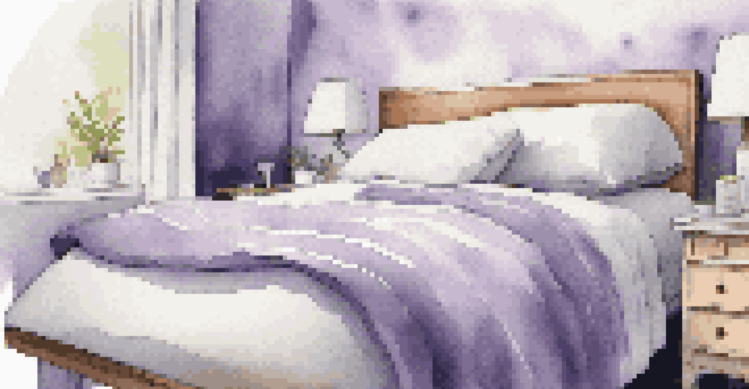 A cozy bed with temperature-regulating sheets, a sleep mask, and a white noise machine on the bedside table, creating a relaxing sleep environment.