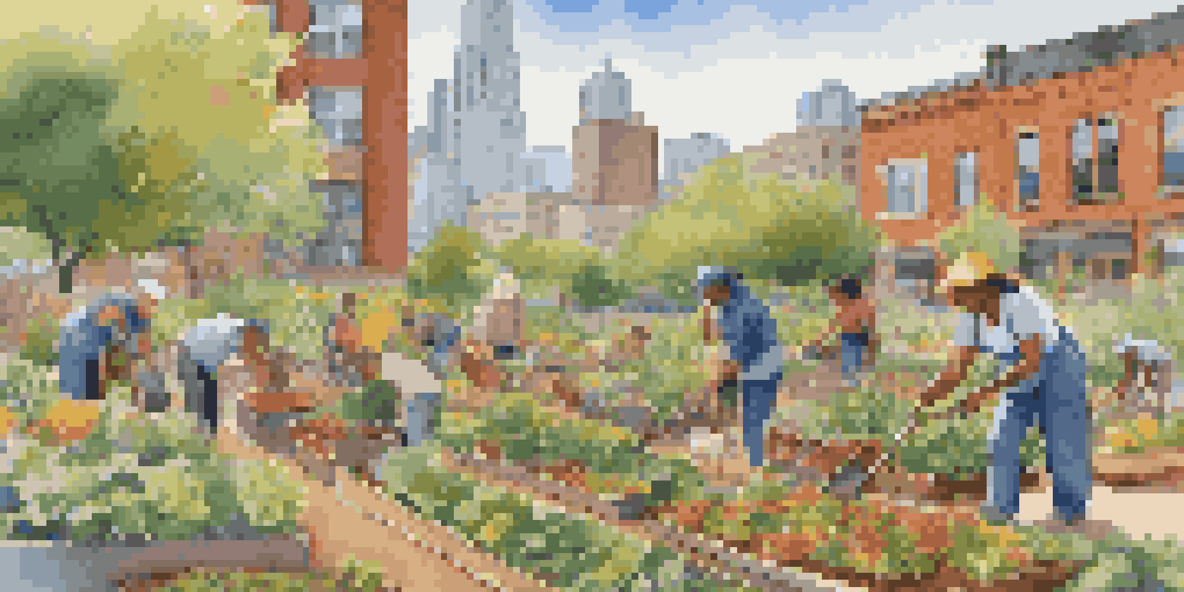 A diverse group of people working together in a sunny community garden, surrounded by colorful vegetables and flowers, with city buildings in the background.