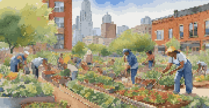 A diverse group of people working together in a sunny community garden, surrounded by colorful vegetables and flowers, with city buildings in the background.