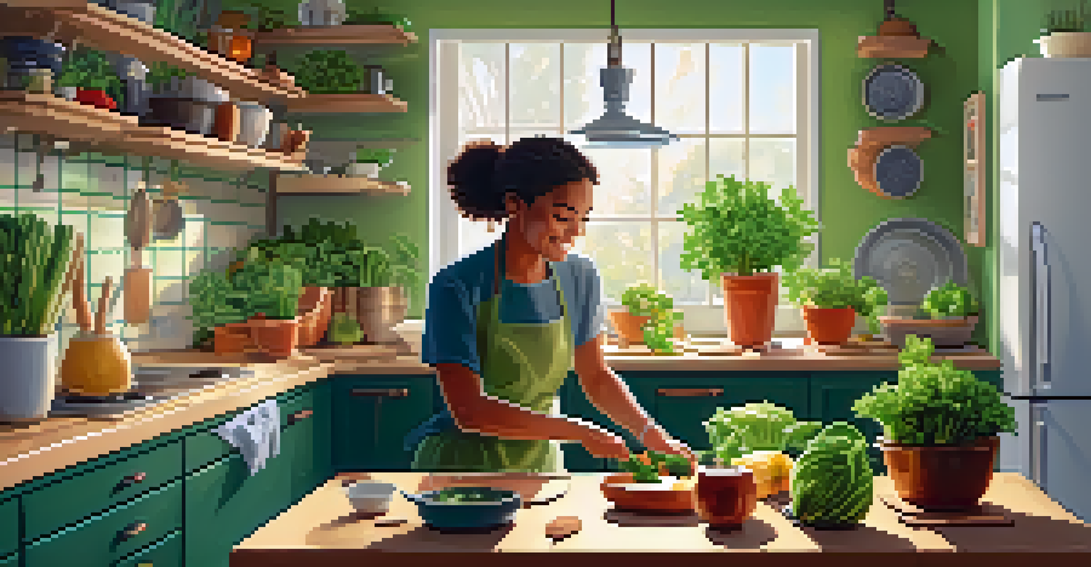 A person cooking in a cozy kitchen, chopping vegetables and stirring a pot, surrounded by fresh ingredients and plants.