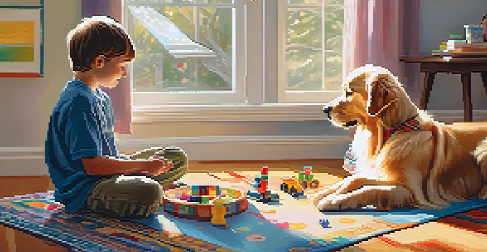 A child interacting with a golden retriever in a bright and cozy therapy room filled with toys and art supplies.