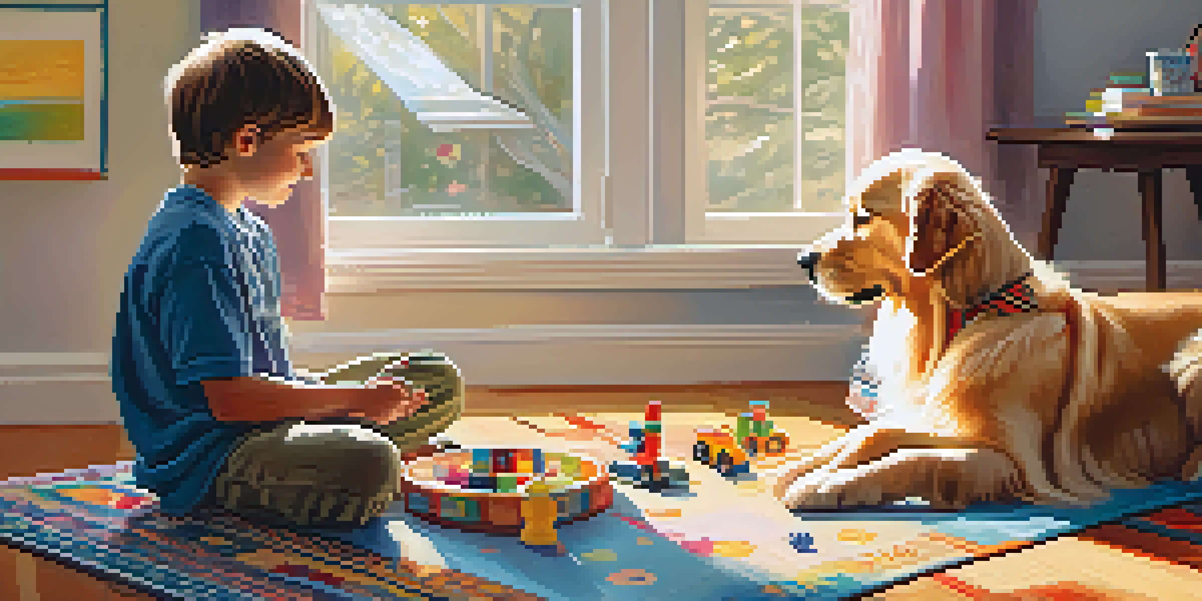 A child interacting with a golden retriever in a bright and cozy therapy room filled with toys and art supplies.