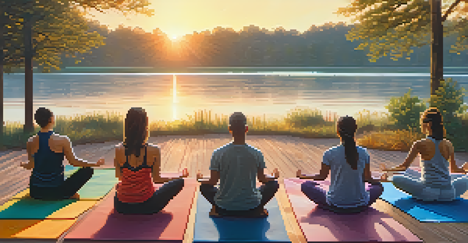 A diverse group practicing yoga outdoors at sunrise, with colorful mats and a serene natural background of trees and a calm lake.