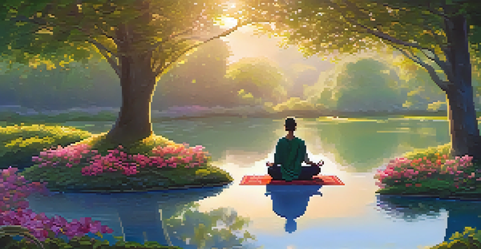 A person meditating in a green park at sunrise, surrounded by flowers and a pond, creating a peaceful atmosphere.