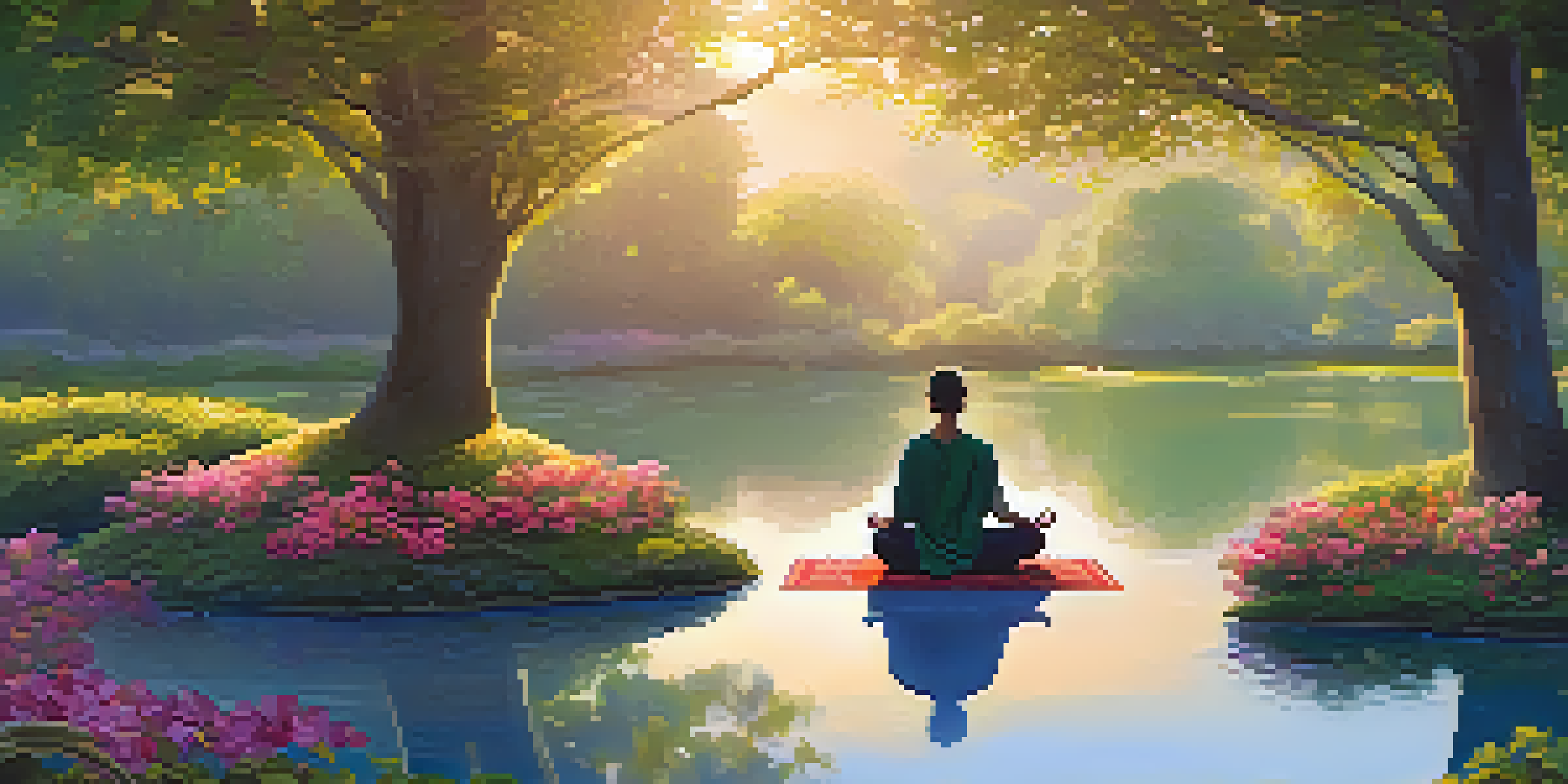 A person meditating in a green park at sunrise, surrounded by flowers and a pond, creating a peaceful atmosphere.