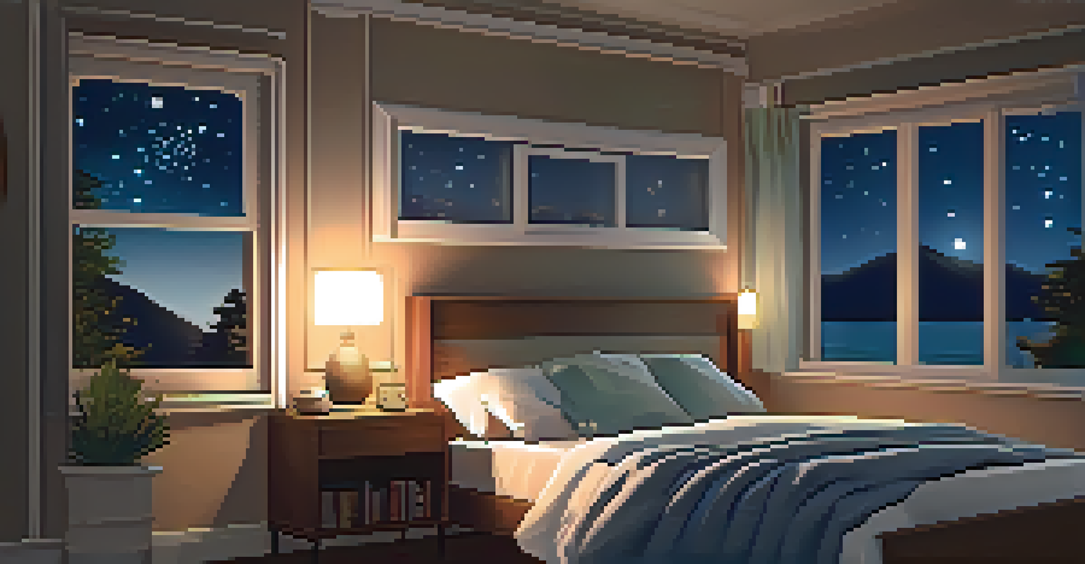 A cozy bedroom with a neatly made bed and soft lighting, creating a peaceful environment for sleep.