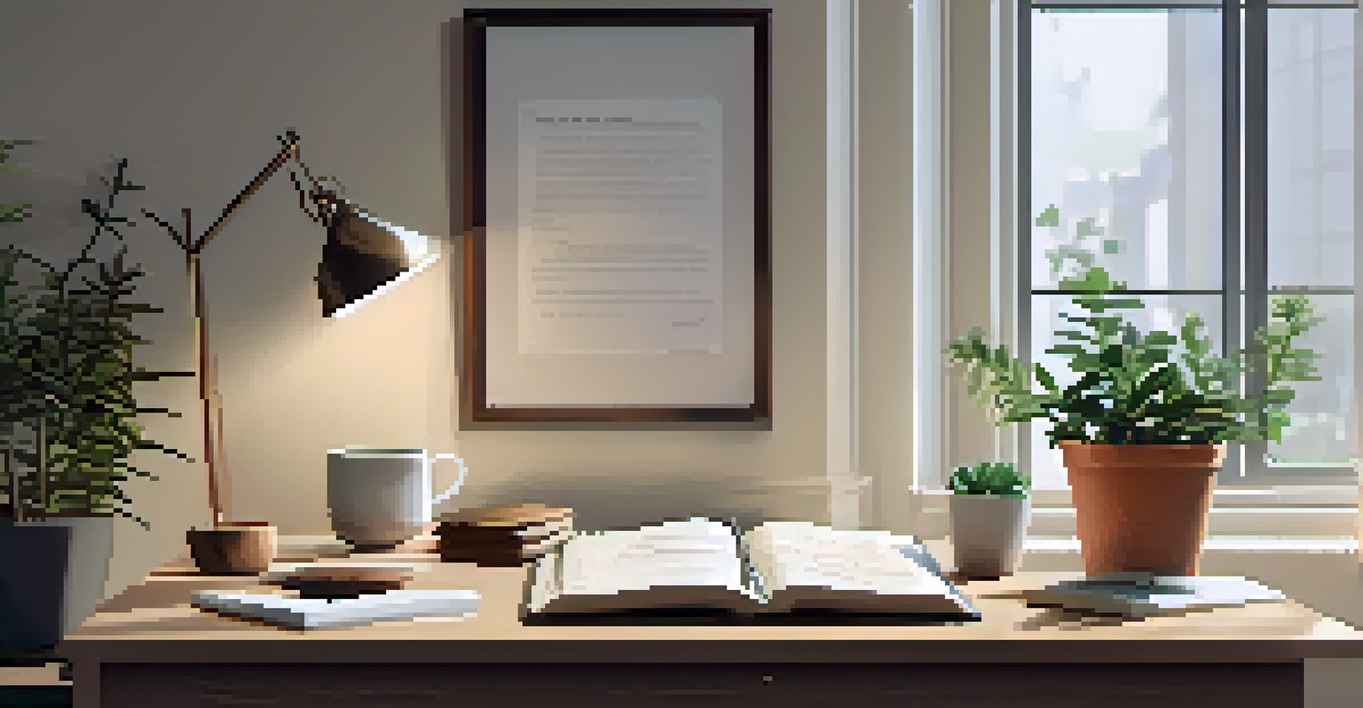 A cozy desk with a journal, herbal tea, and a plant, bathed in natural light, creating a calm workspace for mindfulness.