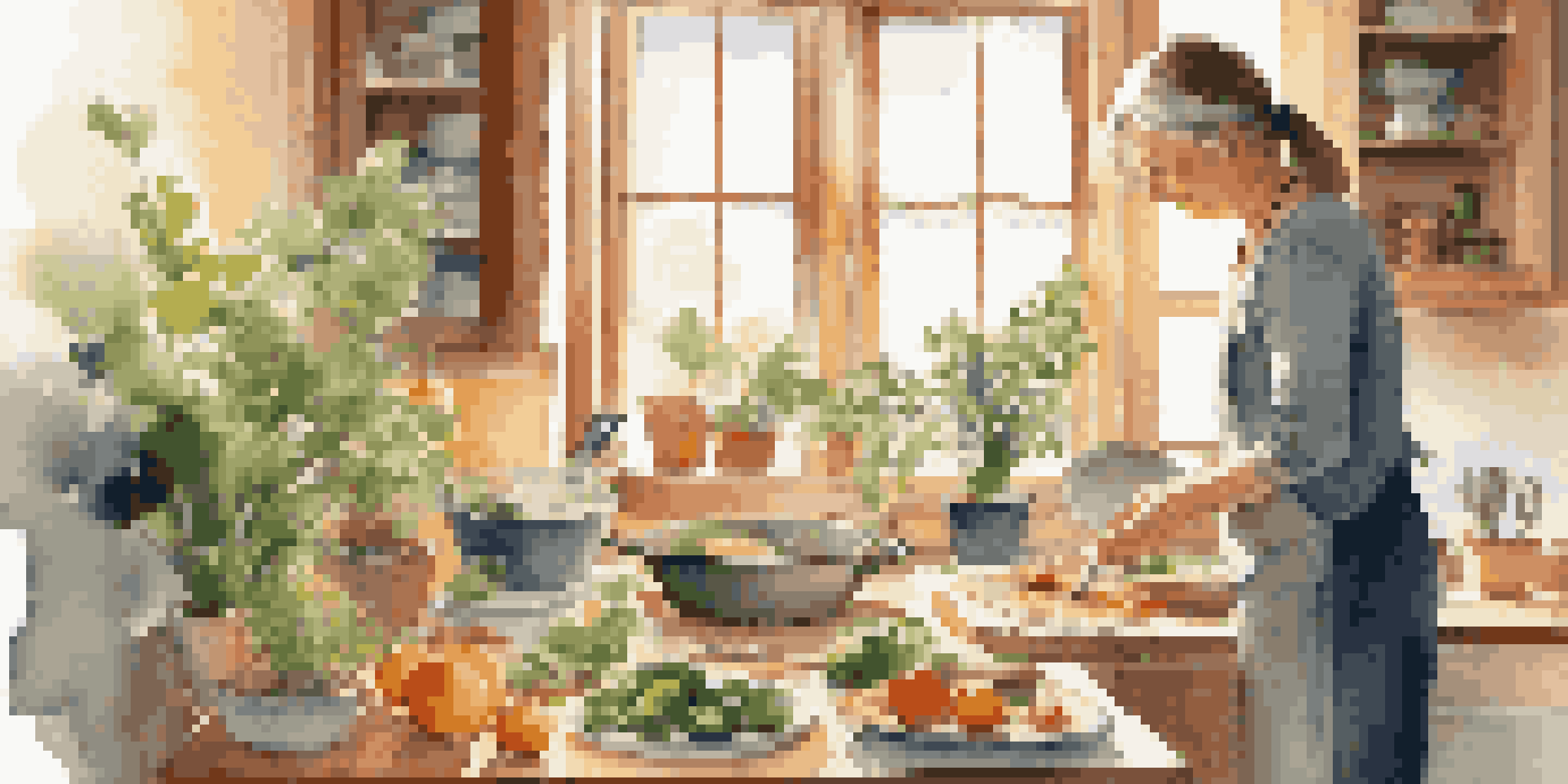 A middle-aged woman in a cozy living room using adaptive kitchen tools while preparing a meal, with sunlight streaming in.