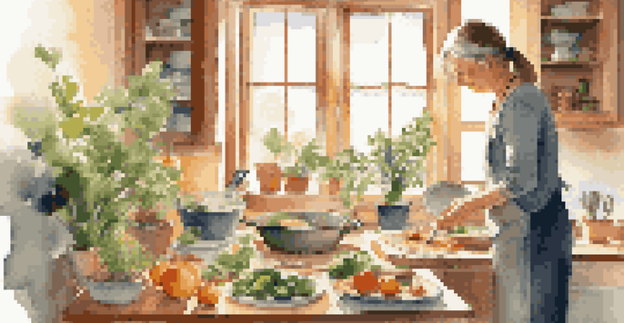 A middle-aged woman in a cozy living room using adaptive kitchen tools while preparing a meal, with sunlight streaming in.