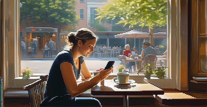 A person in a café enjoying coffee while scrolling through their smartphone in a warm and inviting atmosphere.