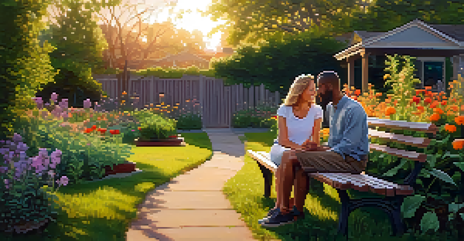 A peaceful sunset scene in a community garden with two friends sitting on a bench surrounded by flowers, enjoying their time together.
