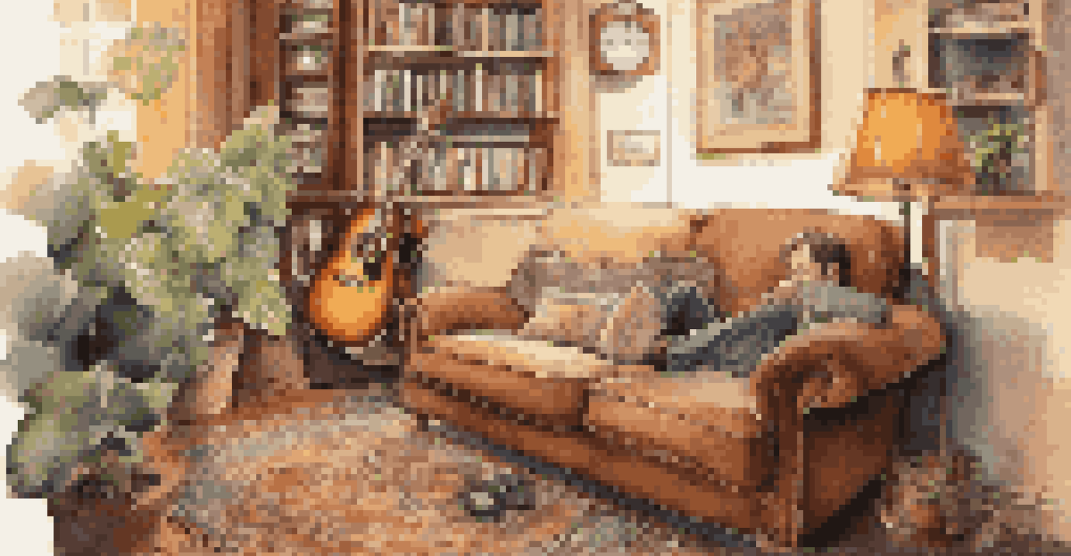 Close-up of hands playing a guitar in a cozy living room with warm lighting and plants.