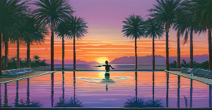 A swimmer performing the freestyle stroke in a swimming pool at sunset, with colorful reflections on the water and palm trees in the background.