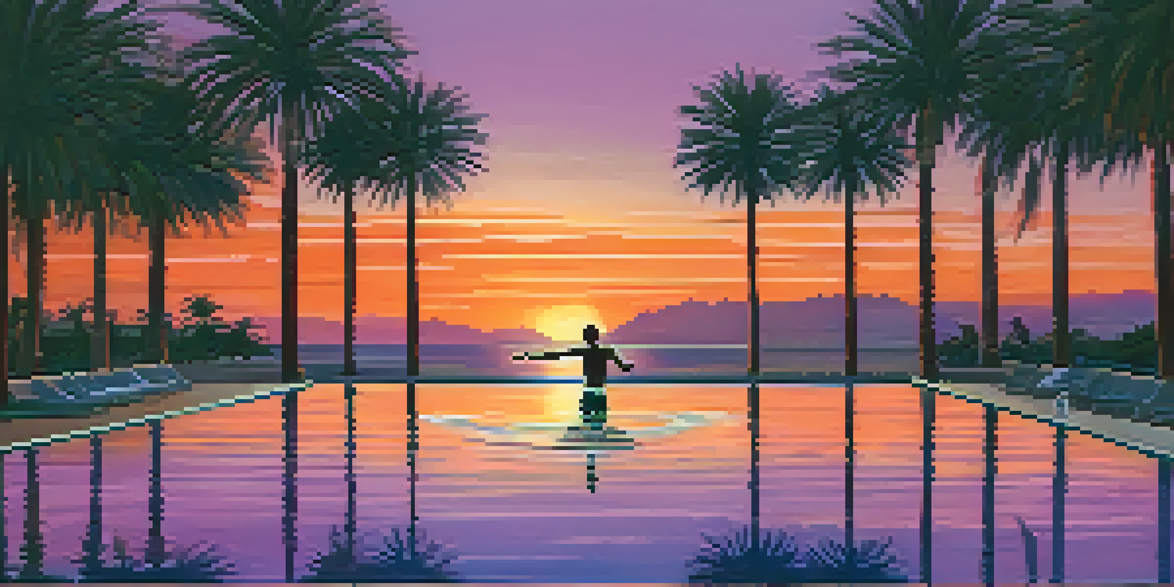 A swimmer performing the freestyle stroke in a swimming pool at sunset, with colorful reflections on the water and palm trees in the background.