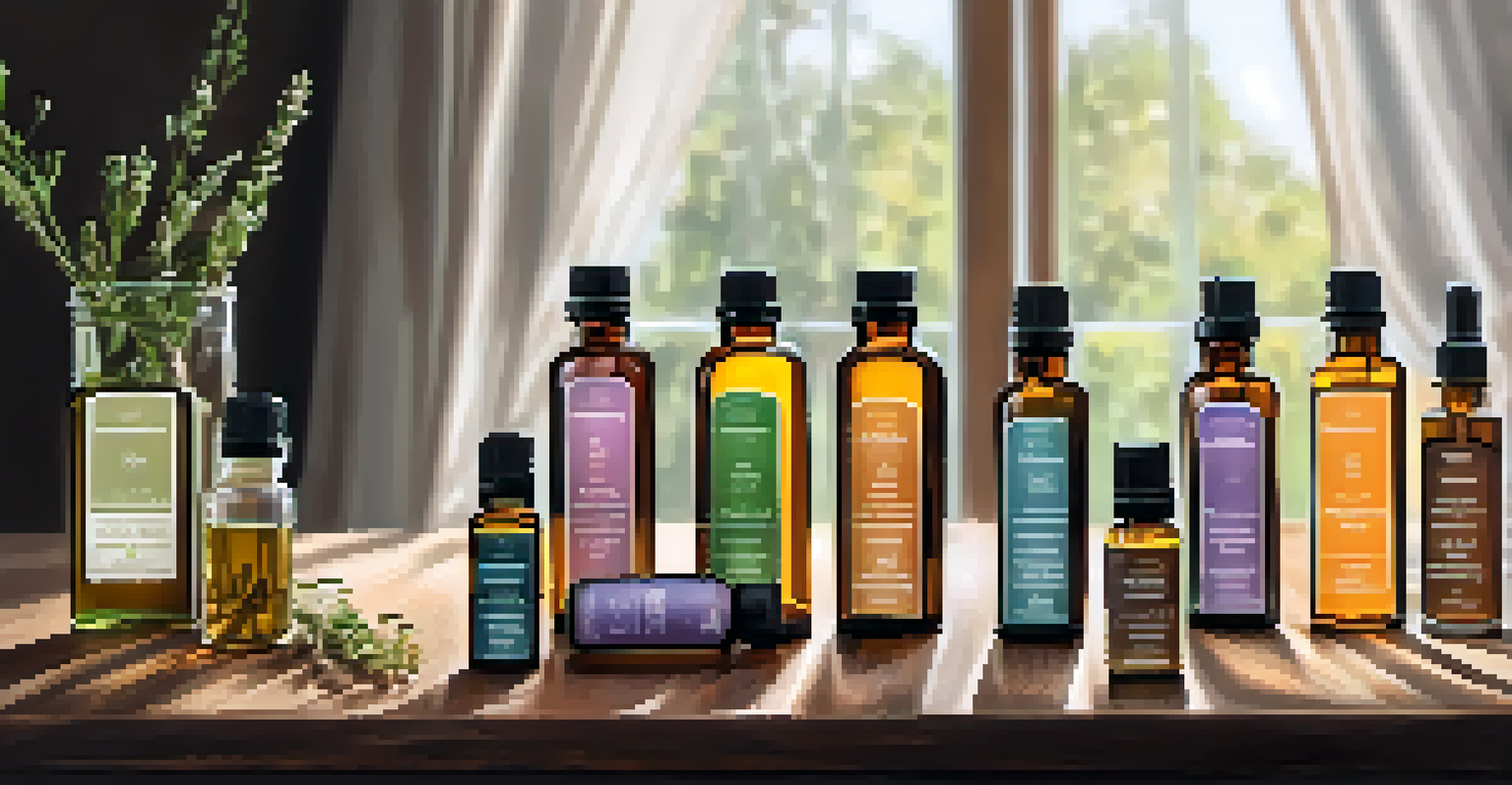 A collection of essential oil bottles on a wooden table with soft lighting.