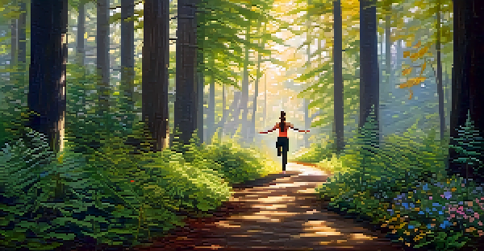 A person practicing yoga on a forest path, surrounded by tall trees and vibrant wildflowers in a peaceful setting.
