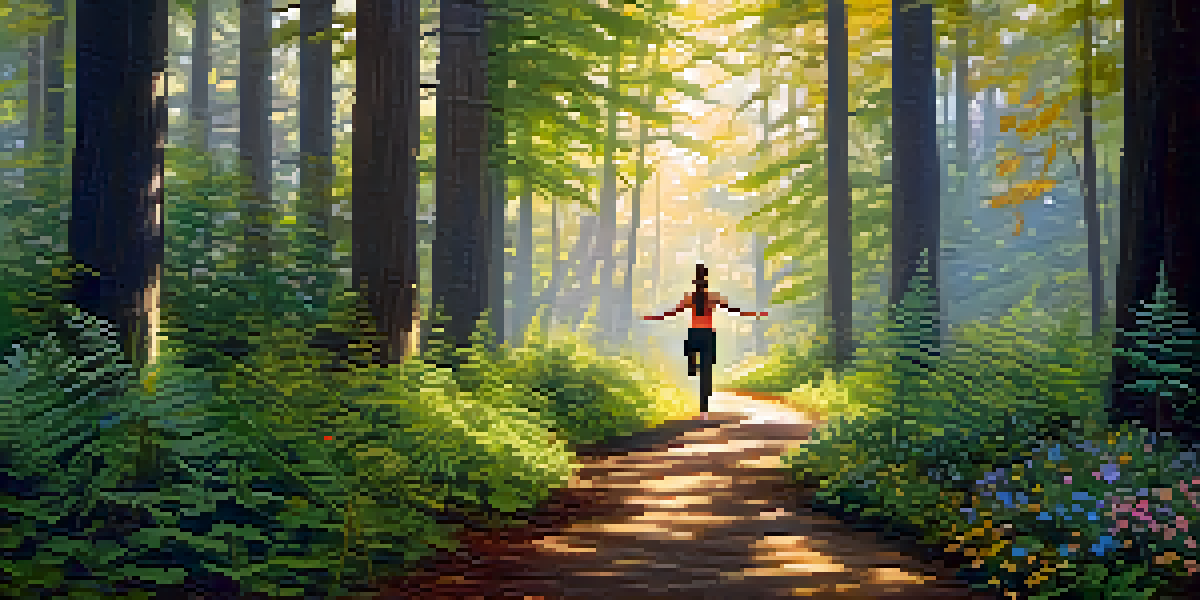 A person practicing yoga on a forest path, surrounded by tall trees and vibrant wildflowers in a peaceful setting.