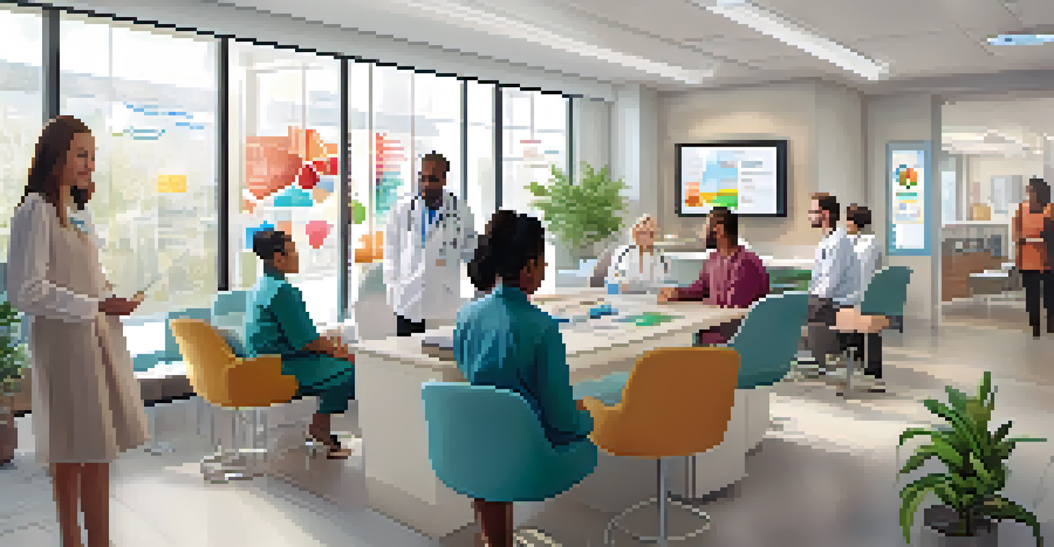 A diverse group of patients interacting with a healthcare provider in a modern medical office, examining colorful infographics on a digital screen.