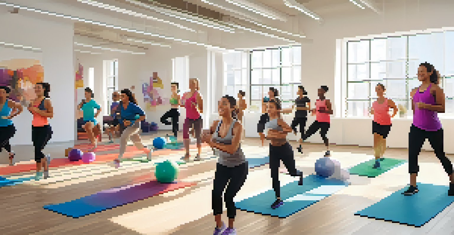 A diverse group of people participating in a lively fitness class in a bright studio.