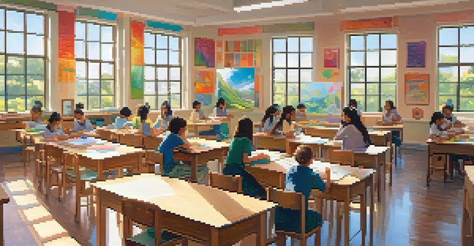 A bright classroom with students of various ethnicities engaged in art activities, surrounded by nature-themed decorations and colorful artwork.