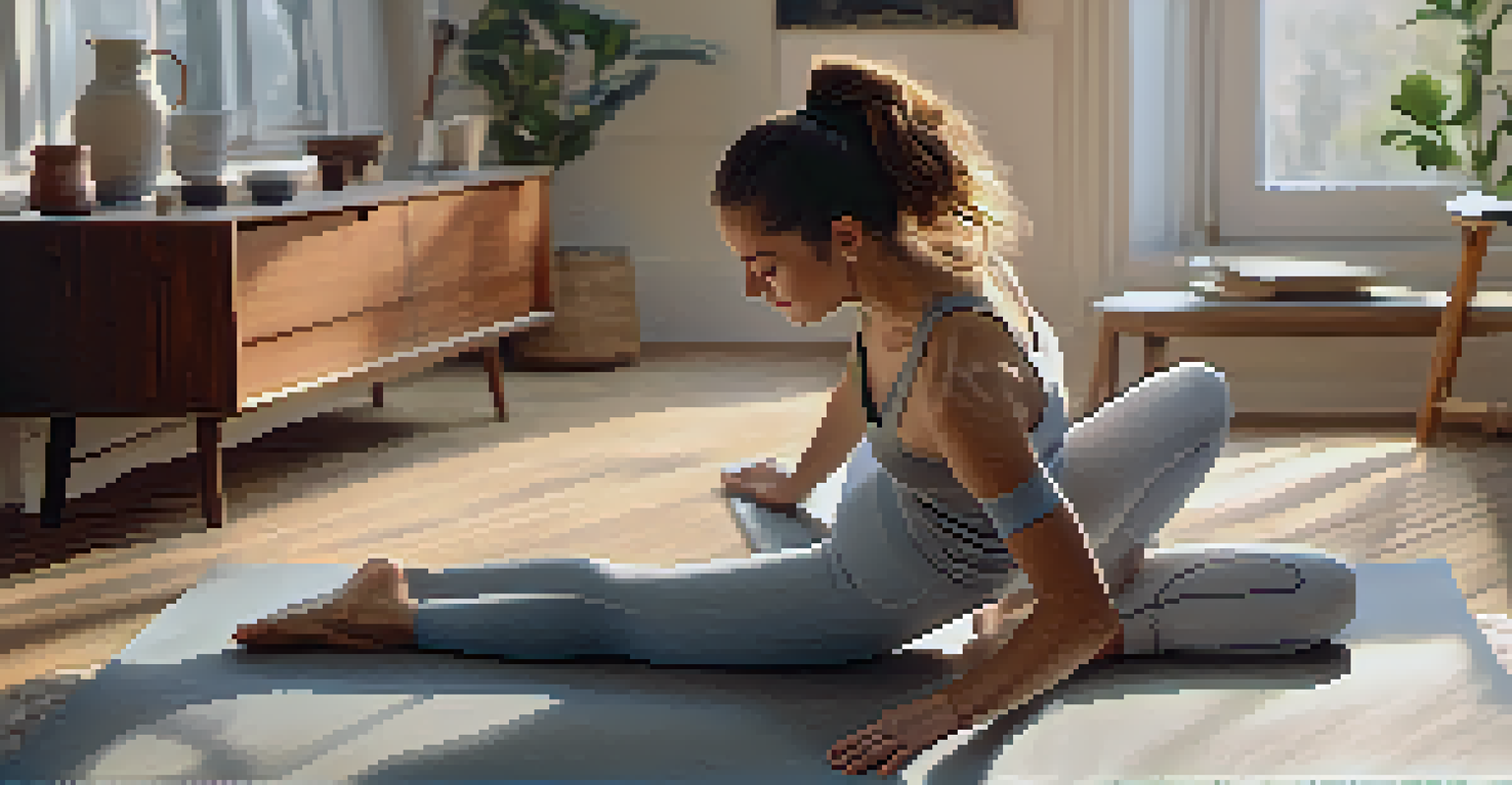 A close-up of a person stretching on a yoga mat in a cozy living room filled with natural light and soft cushions.