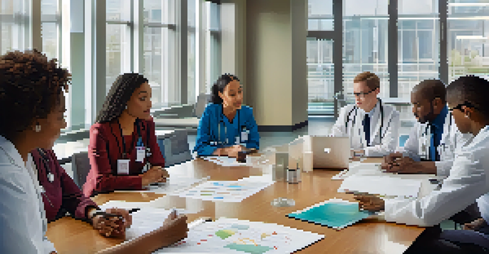 A diverse group of healthcare professionals discussing in a bright hospital conference room, with charts and laptops on the table.