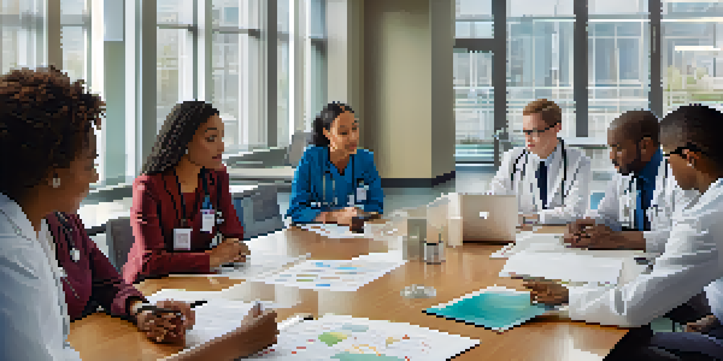 A diverse group of healthcare professionals discussing in a bright hospital conference room, with charts and laptops on the table.