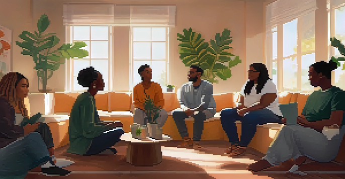 A diverse group of individuals sitting in a circle in a warmly lit room, sharing their experiences in a peer support meeting, with plants and cushions around them.