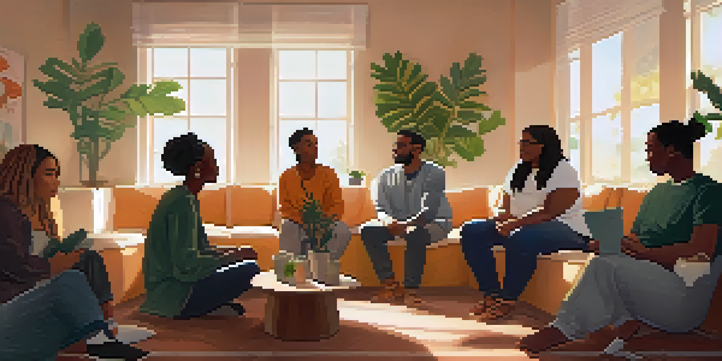A diverse group of individuals sitting in a circle in a warmly lit room, sharing their experiences in a peer support meeting, with plants and cushions around them.