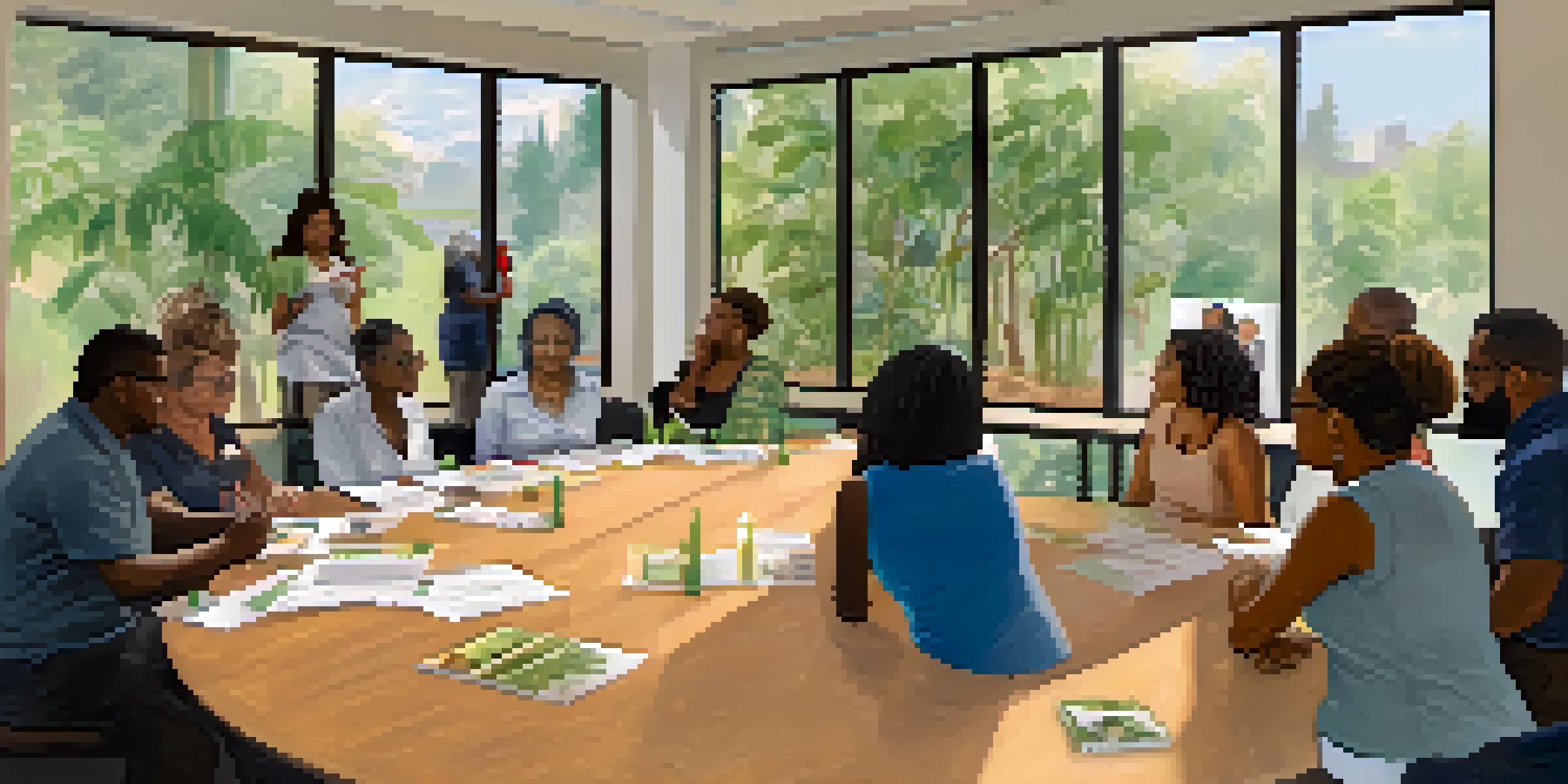 A community health workshop with diverse participants discussing health disparities, surrounded by charts and brochures in a well-lit room.